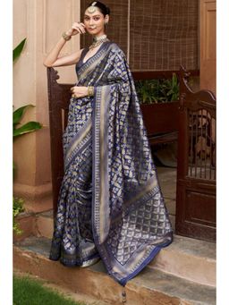 Mysilklove - Navy Blue Woven Banarasi Saree with Unstitched Blouse