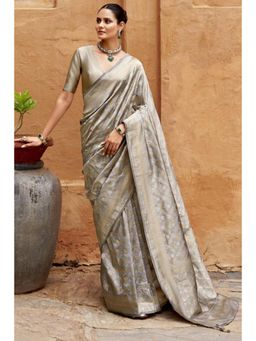 Mysilklove - Silver Grey Woven Banarasi Saree with Unstitched Blouse