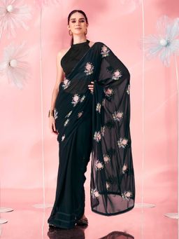 Tikhi Imli - Black Thread Embroidered Poly Georgette Saree with Crochet Lace and Unstitched Blouse