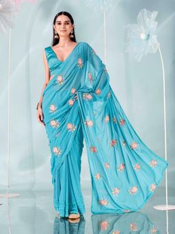 Tikhi Imli - Sea Blue Thread Embroidered Poly Georgette Saree Crochet Lace with Unstitched Blouse