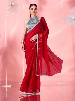 Tikhi Imli - Red Coloured Designer Satin Organza Saree with Unstitched Blouse