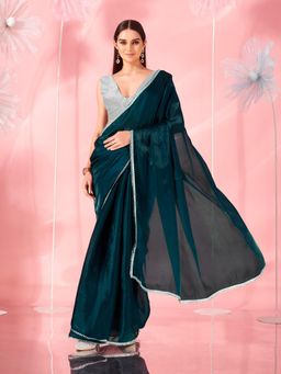 Tikhi Imli - Teal Coloured Designer Satin Organza Saree with Unstitched Blouse