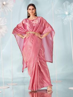 Tikhi Imli - Pink Coloured Designer Kaftan Saree with Embellished Belt & Unstitched Blouse (Set of 3)