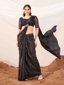 Tikhi Imli - Metallic Charcoal Designer Satin Saree with Unstitched Blouse and Metallic Ring