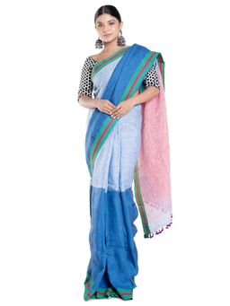 Boveee - Blue Linen Saree With Contrasting Border And Pallu with Unstitched Blouse
