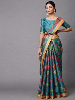 Odette - Women's Cotton Linen Teal blue Printed Celebrity Saree with Unstitched Blouse