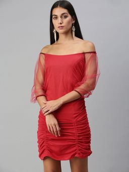 KASSUALLY - Striking Red Solid Ruched Dress