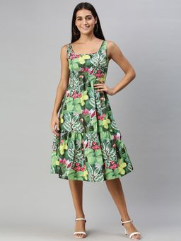 KASSUALLY - Green Tropical Print Smocked Dress