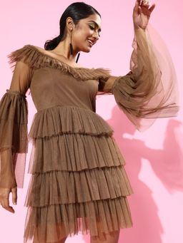 KASSUALLY - Brown Solid Tulle Ruffled Net Fit & Flare Tiered Dress