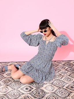 KASSUALLY - Blue Floral Printed Tiered A-Line Dress