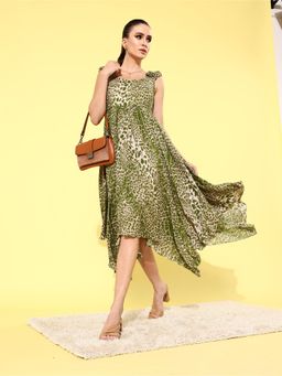 KASSUALLY - Green Leopard Print Asymmetric Hem Midi Dress