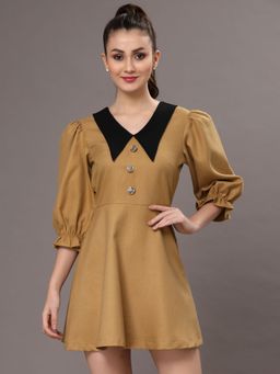 KASSUALLY - Brown Collar Puff Sleeve Mini A-Line Dress