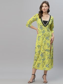 KASSUALLY - Green Printed Front Cut Dress