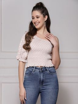 KASSUALLY - Beige White Polka One Side Shoulder Asymmetric Top