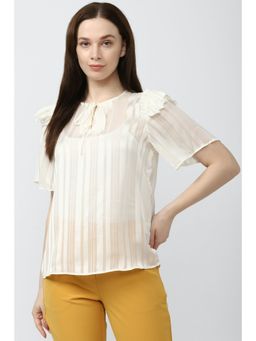 Van Heusen - Women Cream Stripe Casual Keyhole Neck Top