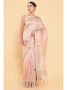 Soch - Women Peach Organza Printed Saree with Stitched Blouse