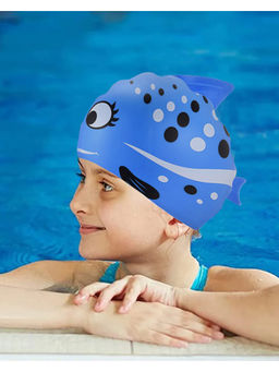 Little Surprise Box - Black Polka Blue Fishy Silicone Kids Swim Cap