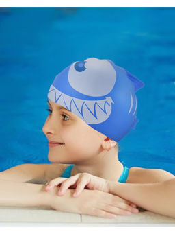 Little Surprise Box - Blue & White Jaw Fish Silicone Kids Swim Cap