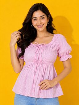 Buynewtrend - Women's Pink Striped Puff Sleeve Babydoll Peplum Top