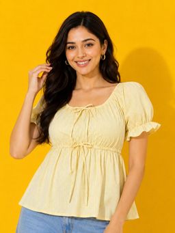 Buynewtrend - Women Yellow Striped Puff Sleeve Babydoll Peplum Top