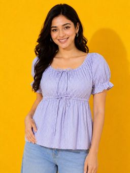 Buynewtrend - Women Purple Striped Puff Sleeve Babydoll Peplum Top