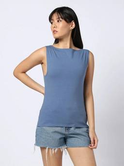 GAP - Blue Women's Solid Boat Neck Sleeveless Tank Top