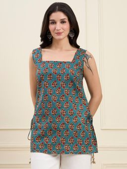 Yufta - Teal Cotton Straight Kurti Style Top