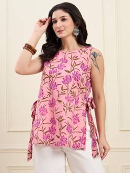 Yufta - Pink Cotton Boat Neck Straight High Slit Style Top