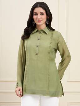 Yufta - Green Mul Chanderi Pintuck Tunic