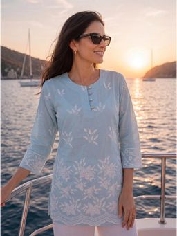Yufta - Blue Cotton Lucknowi Tunic