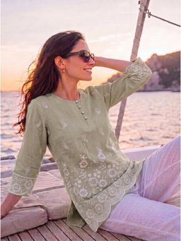 Yufta - Green Cotton Lucknowi Tunic