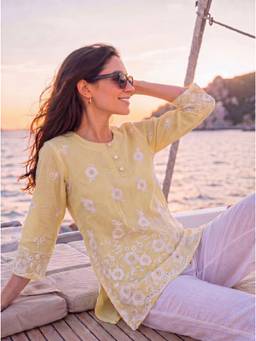 Yufta - Beige Cotton Lucknowi Tunic
