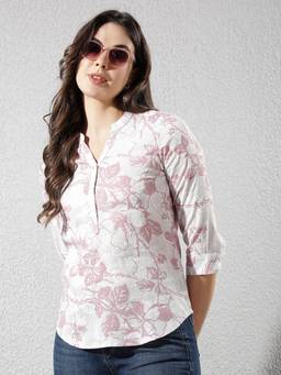 CRIMSOUNE CLUB - Women's Pink Floral Print Mandarin Neck Linen Top