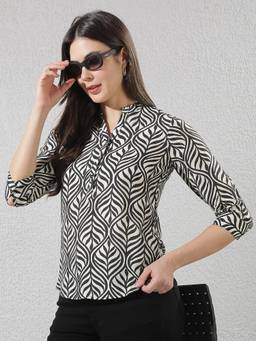 CRIMSOUNE CLUB - Women's Black Botanical Print Mandarin Neck Top