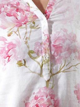 CRIMSOUNE CLUB - Women's Pink Floral Print Mandarin Neck Linen Top