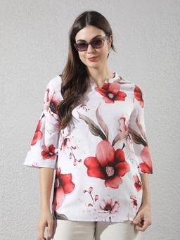 CRIMSOUNE CLUB - Women's White Floral Print Oversized Linen Top