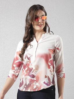 CRIMSOUNE CLUB - Women's Brown Printed Mandarin Neck Top