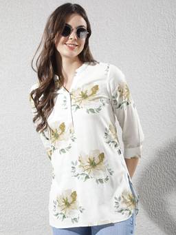 CRIMSOUNE CLUB - Women's Off White Floral Print Longline Linen Top