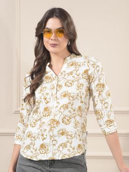 CRIMSOUNE CLUB - Women's Olive Floral Print Mandarin Neck Pure Cotton Top