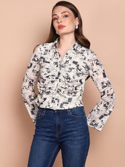 Saffe - Women's Off White Printed Net Crop Shirt Collar Body Fitted Top
