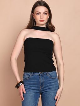 Saffe - Women's Black Off Shoulder Sleeveless Bodycon Fitted Top