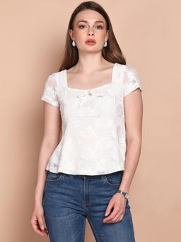 Saffe - Women's White Floral Lace Square Neck Short Sleeve Peplum Top