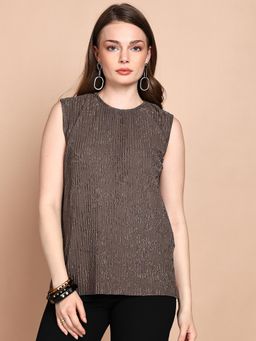 Saffe - Women's Brown Sleeveless Round Neck Pleated Loose Fit Top