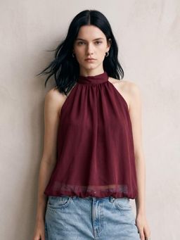 Outzidr - Maroon Halter Neck Flouncy Top