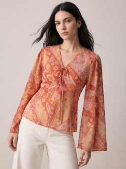 Outzidr - Rust Floral Print Eye Let Details At Front Top