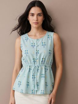 Outzidr - Blue Floral Printed with Waist Drawstring Detailed Peplum Top