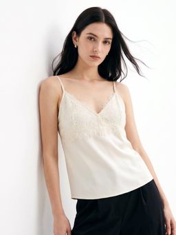 Outzidr - Cream Strappy Lace Bustier Camisole