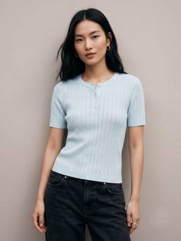 Outzidr - Blue Pointelle Textured Half Button Down Top