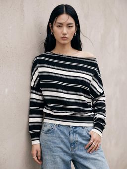 Outzidr - Black Off-Shoulder Thick Striped Top