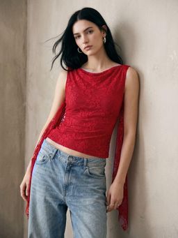 Outzidr - Red Cowl Neck Lace Top